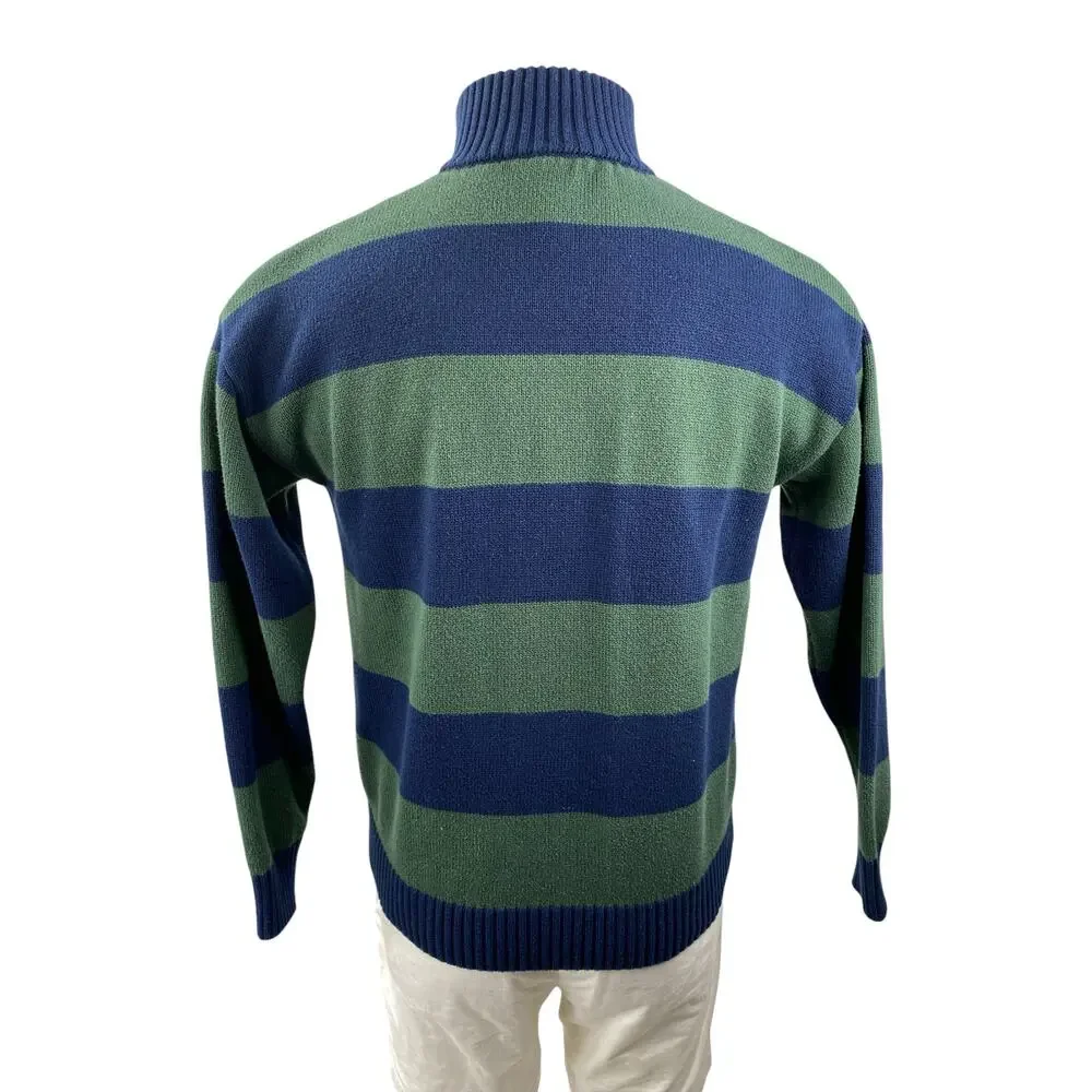 Justify Mens Blue Green Striped Long Sleeve Quarter Zip Rugby Sweater Top Size S